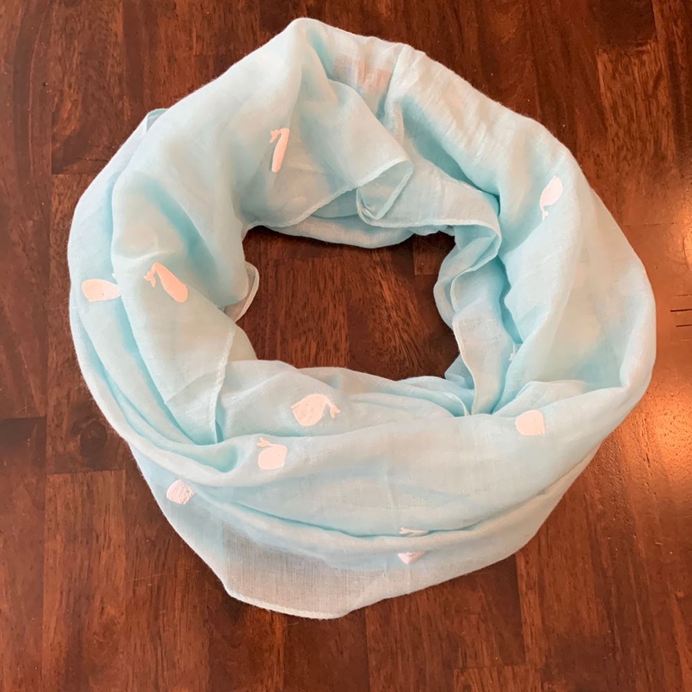 Light blue infinity scarf with white whale pattern